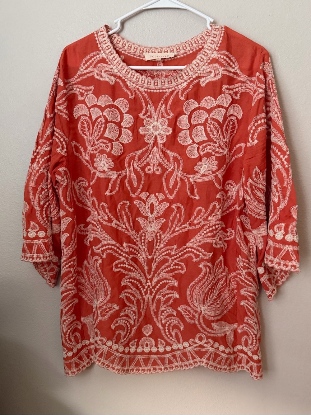 Solitaire Coral Embroidered Tunic Top Boho Floral Cotton 3/4 Sleeve Women L - Picture 2 of 6